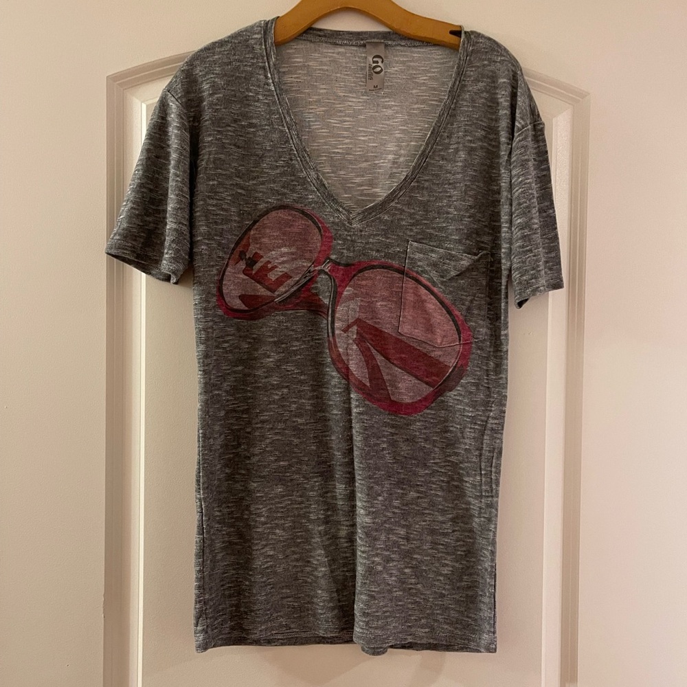 Gray V-Neck T-Shirt with Pink Sunglasses Print